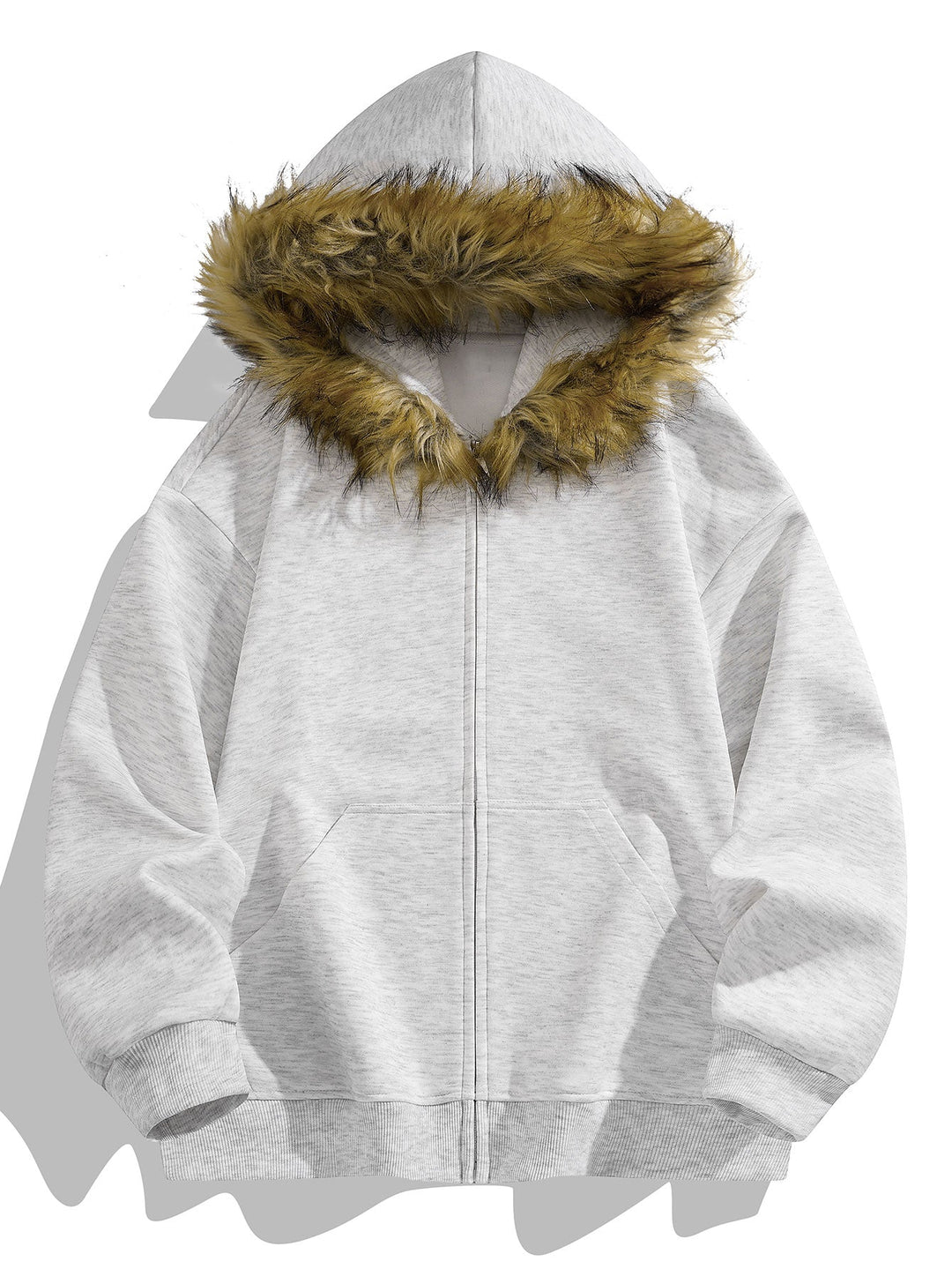 Relaxed fit faux fur collar zipper hoodie