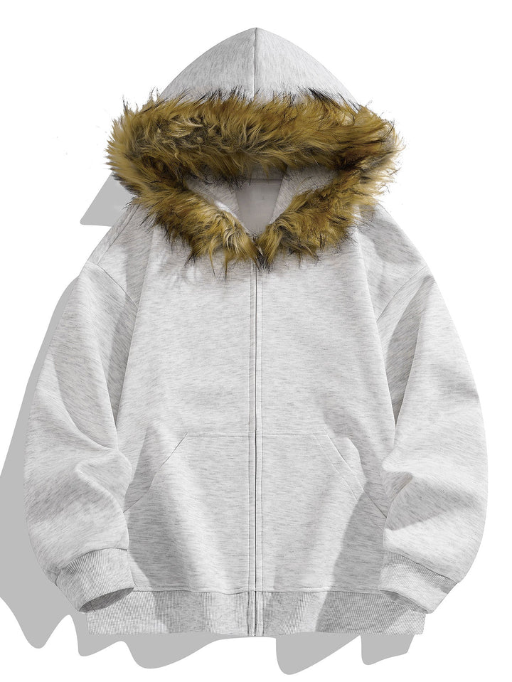 Relaxed fit faux fur collar zipper hoodie
