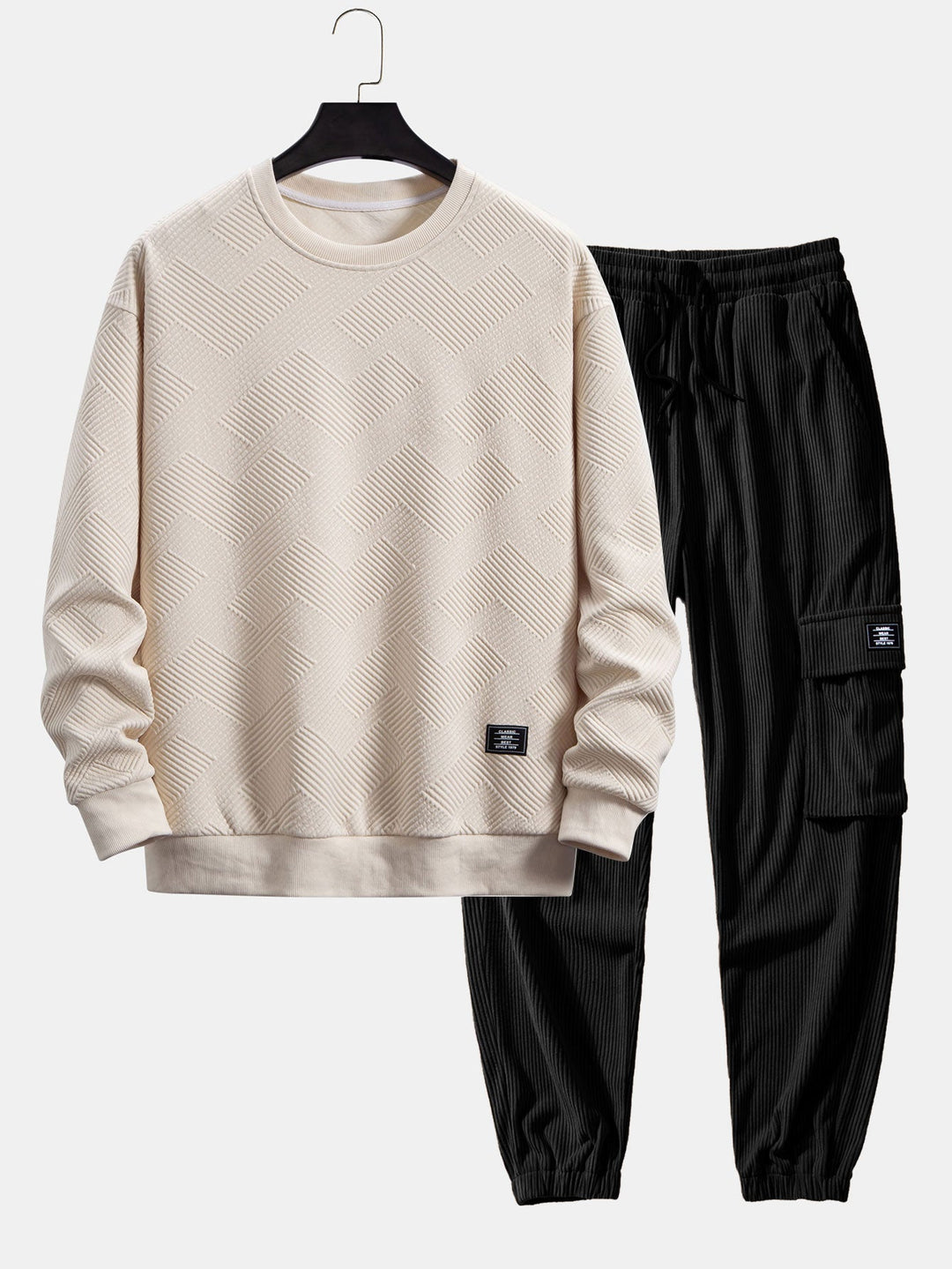 Relax Fit Geometrisch Gestreept Sweatshirt & Trekkoord Corduroy Cargo Jogger Broek