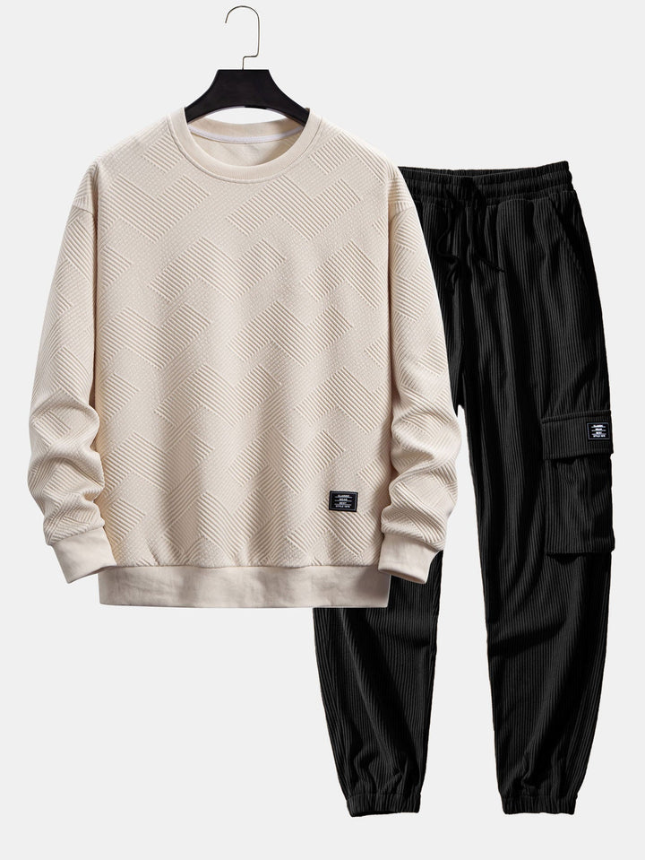 Relax Fit Geometrisch Gestreept Sweatshirt & Trekkoord Corduroy Cargo Jogger Broek