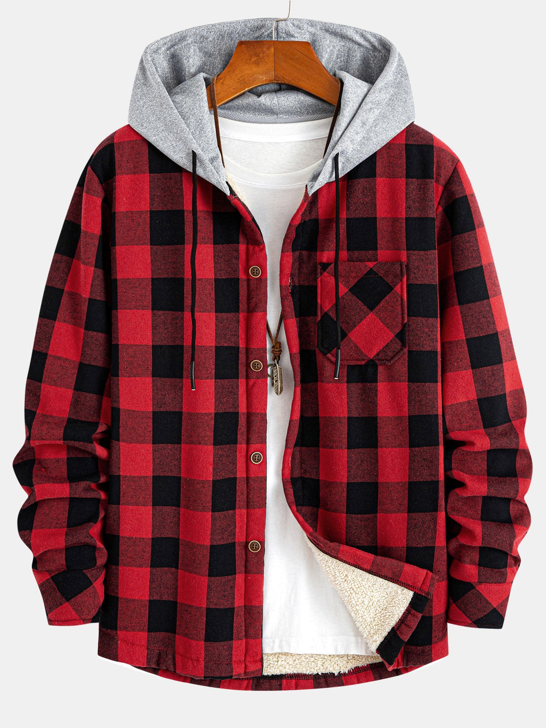 Teddy-lined plaid hooded blouse