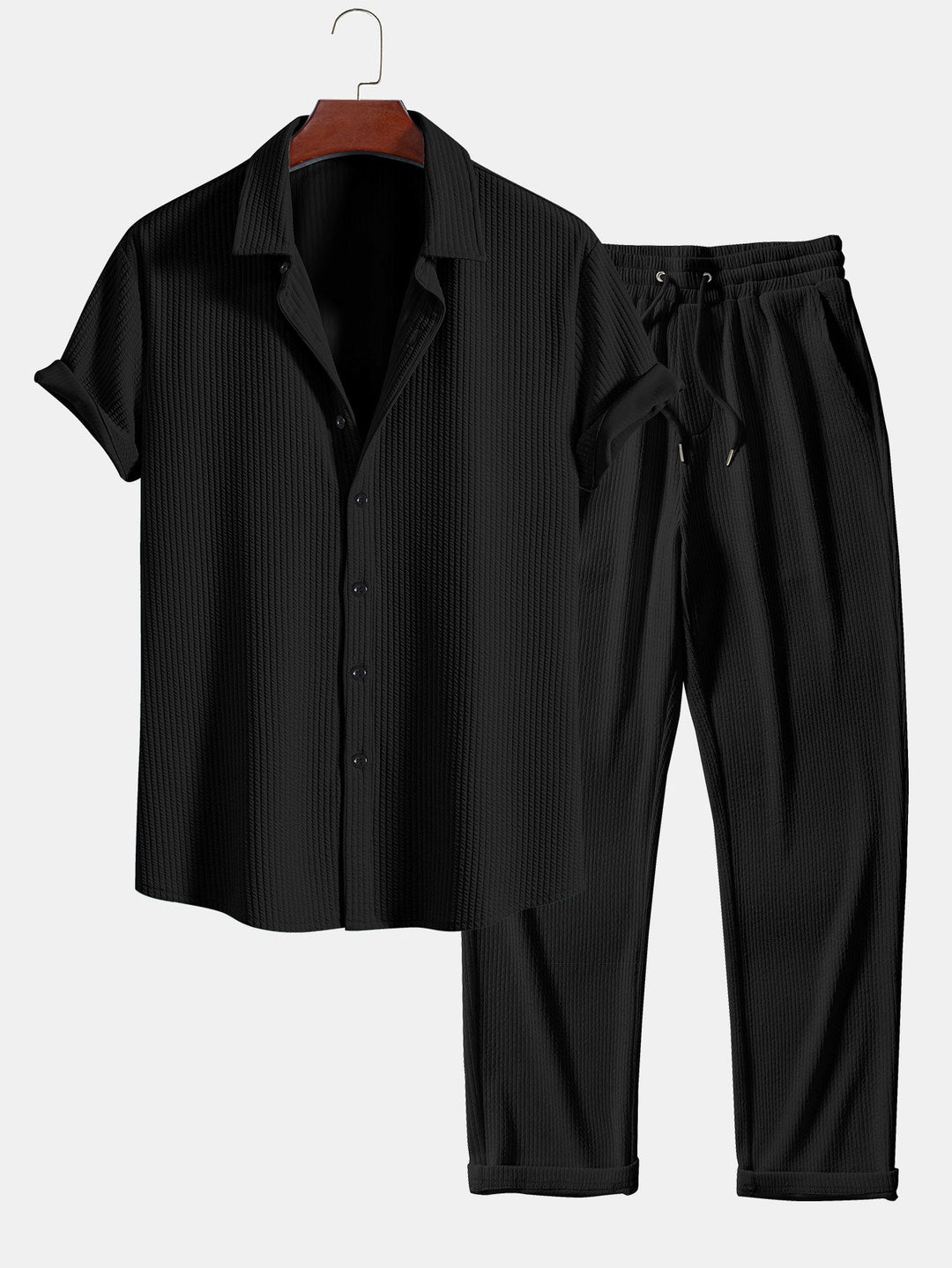 Muscle Fit Geribbelde Overhemd met Knopen & Rechte Geribbelde Broek