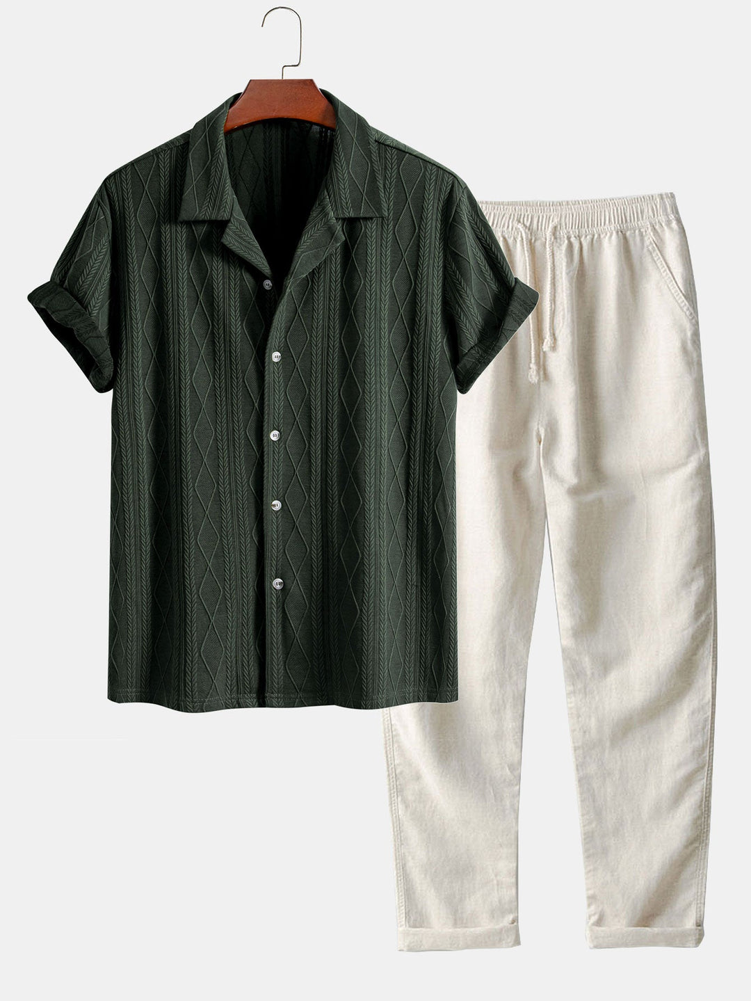 Gebreide Geometrische Ruit Jacquard Cubaanse Shirt & Rechte Linnen Broek