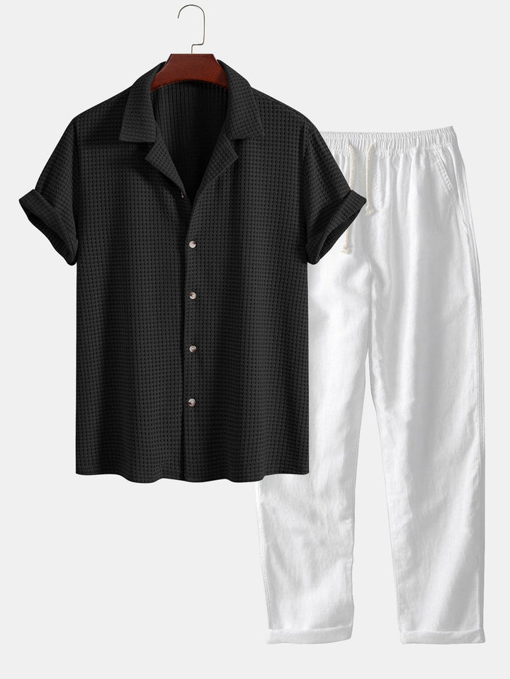 Korte Mouwen Wafel Cubaanse Shirt & Rechte Pijpen Linnen Broek