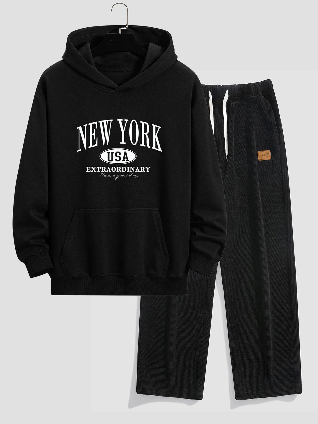 New York Print Relax Fit Hoodie & Rechte Pijpen Corduroy Broek