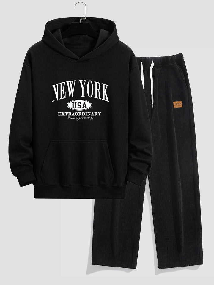 New York Print Relax Fit Hoodie & Rechte Pijpen Corduroy Broek