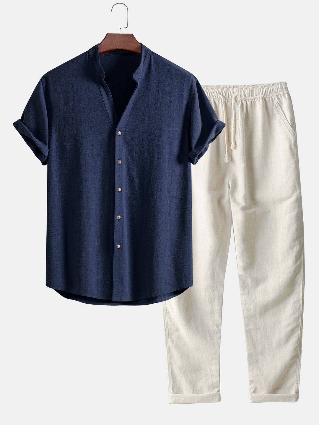 V-neck Linen Rayon Blend Shirt & Straight Leg Linen Pants