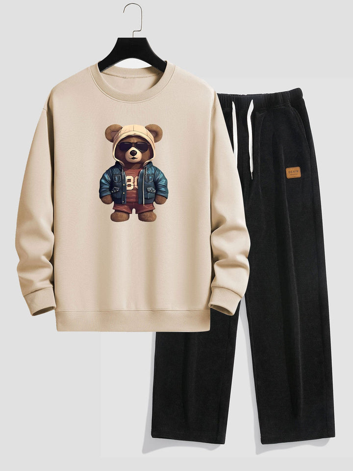Berenprint in leren jas Relax Fit sweatshirt & rechte corduroy broek