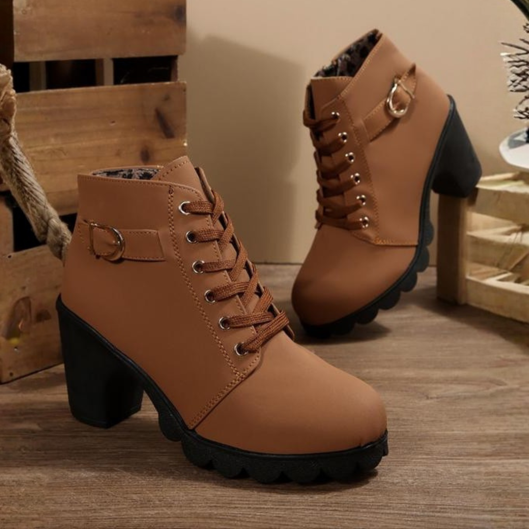 Katni I l Chic Lace-Up Metal Buckle Chunky Ankle Boots