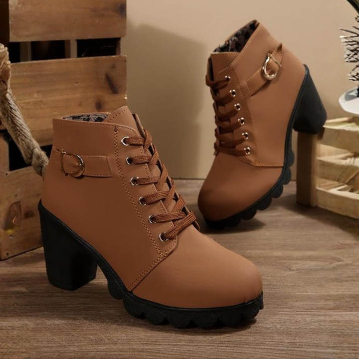 Katni I l Chic Lace-Up Metal Buckle Chunky Ankle Boots