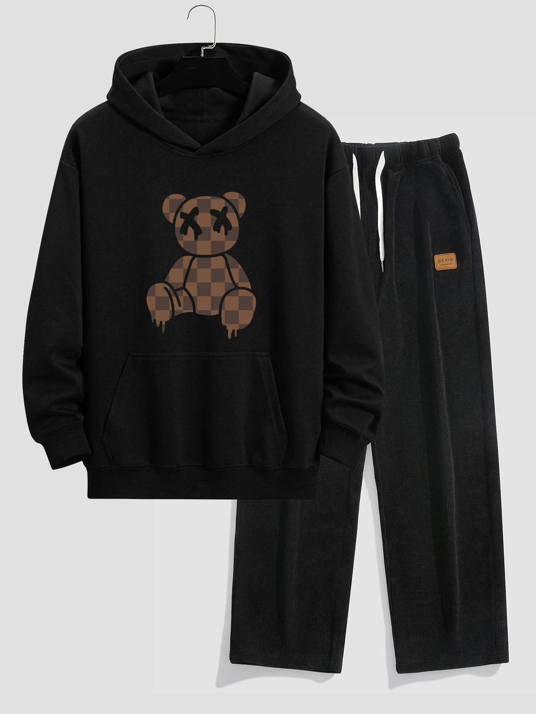 Geruite Oplosbare Beerprint Relax Fit Hoodie & Rechte Pijpen Corduroy Broek