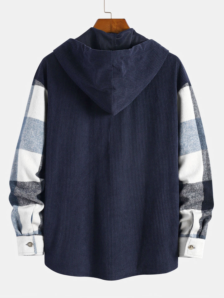 Relax Fit Flanel Ruit Corduroy Patchwork Hoodie Shirt