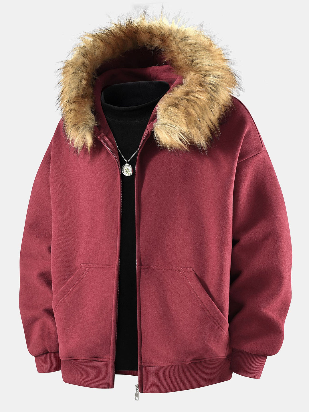 Relaxed faux fur collar zip-up hoodie