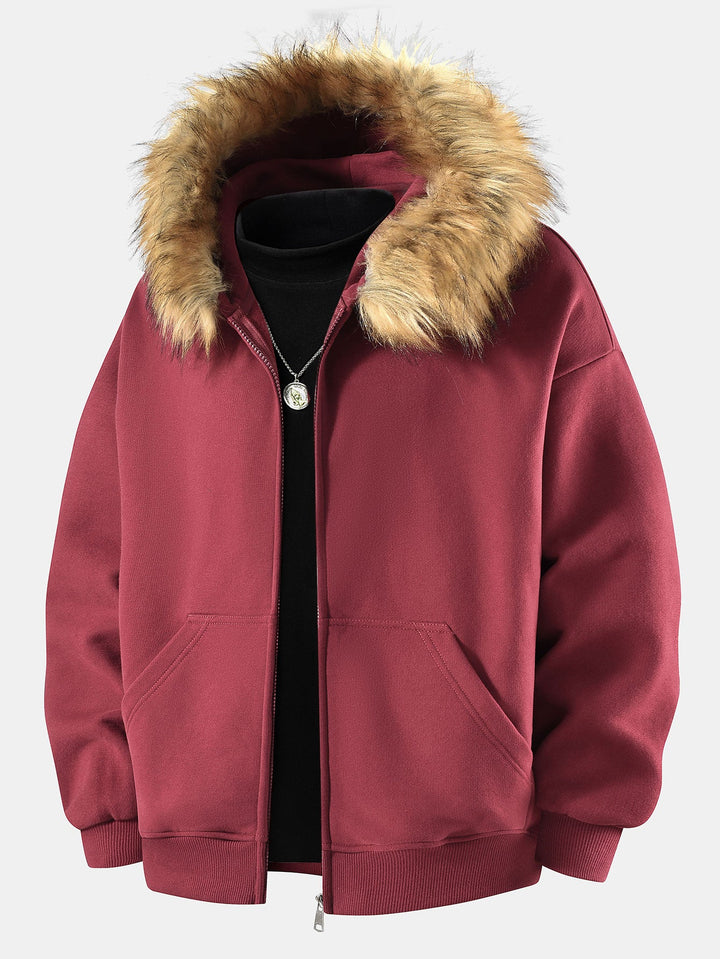 Relaxed faux fur collar zip-up hoodie