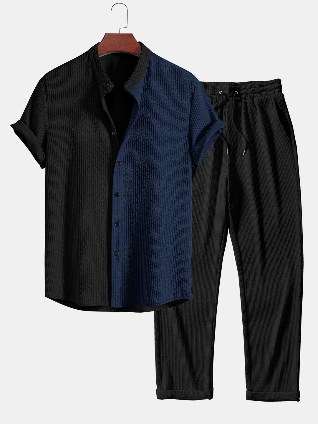 Twee Kleur Spier Fit Ribbel Stand Kraag Shirt & Rechte Pijp Ribbel Broek