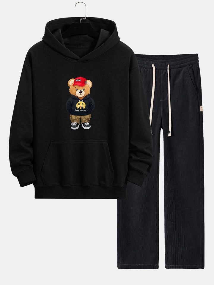 Hip Hop Beer Print Relax Fit Hoodie & Rechte Pijpen Corduroy Broek