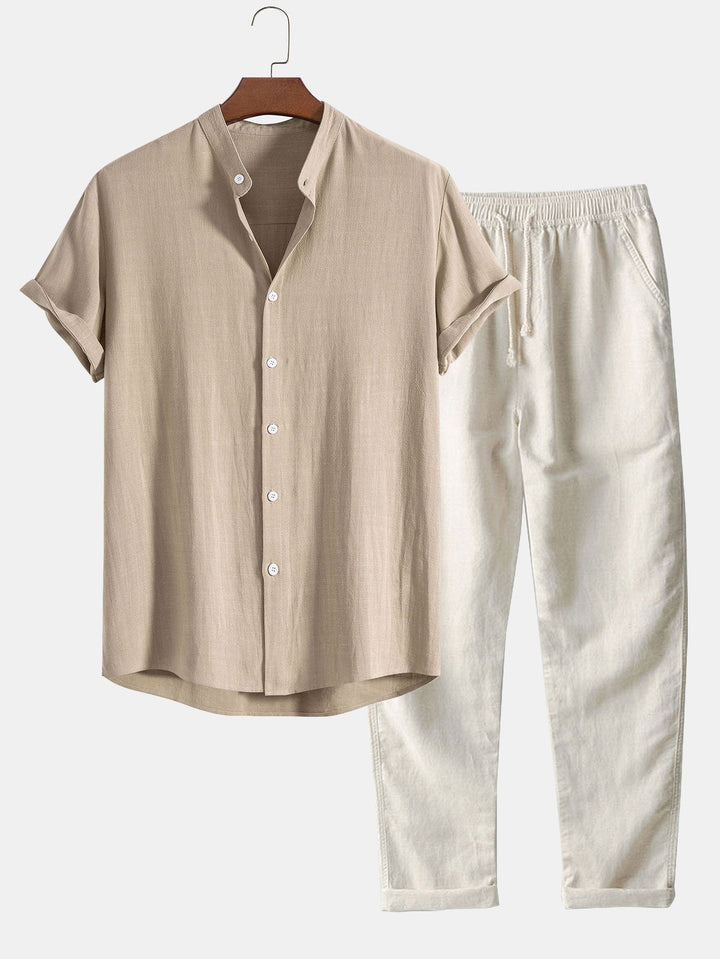 Linnen en Rayon Mix Staande Kraag Shirt & Rechte Pijpen Linnen Broek