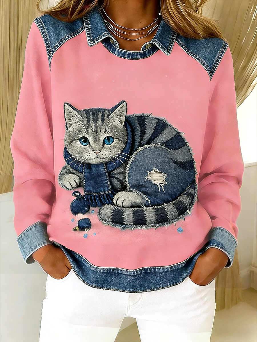Lady l Retro Cat Denim Patchwork Sweatshirt