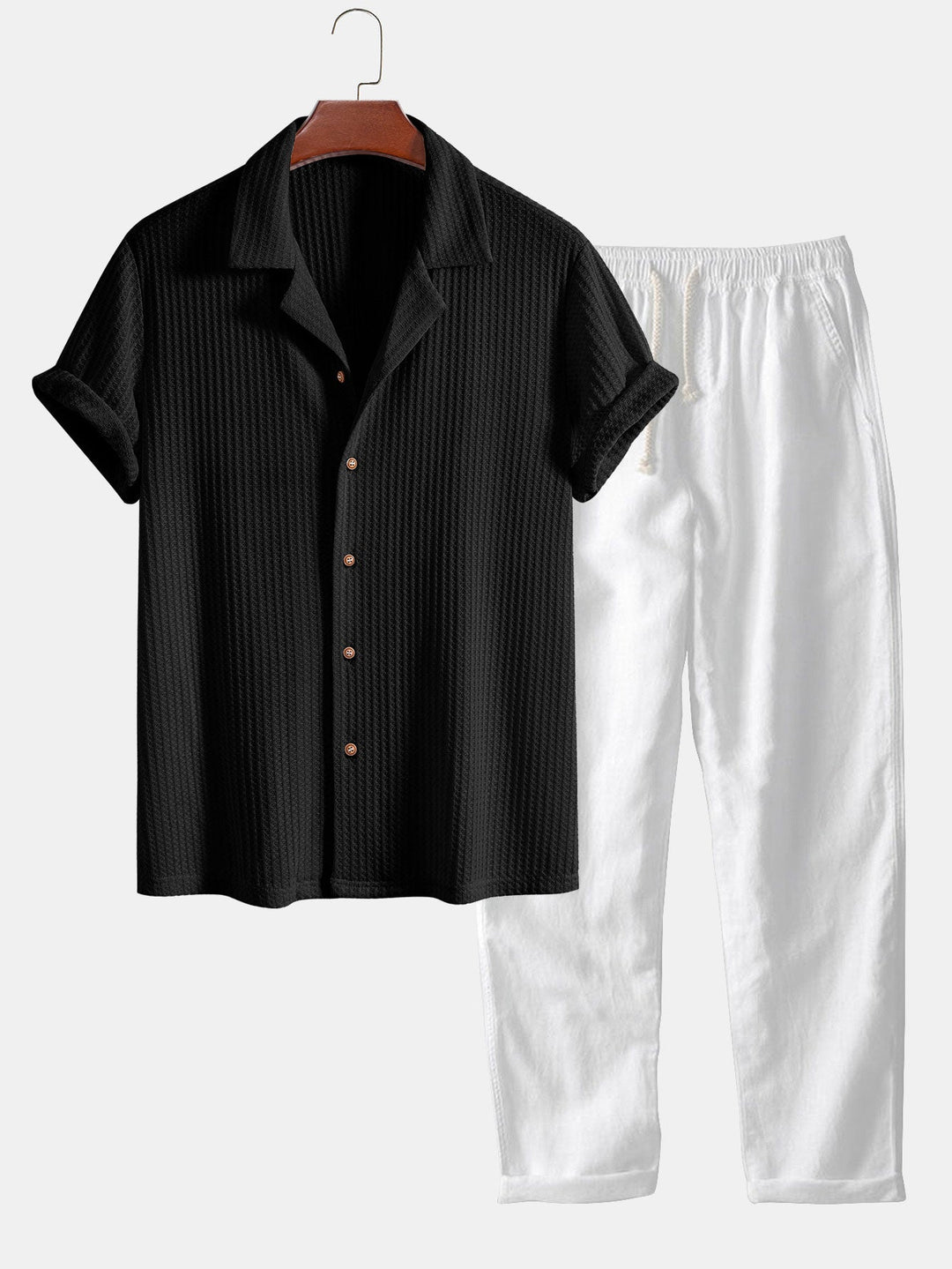 Korte Mouwen Gebreide Wafel Cubaanse Shirt & Rechte Linnen Broek