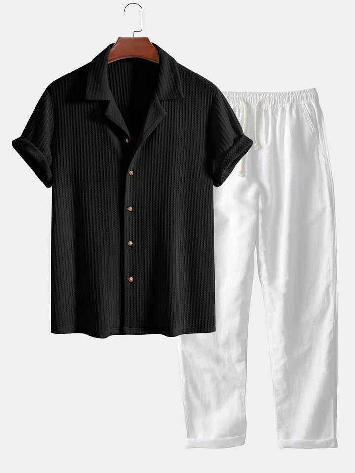 Korte Mouwen Gebreide Wafel Cubaanse Shirt & Rechte Linnen Broek