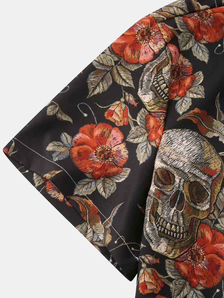 Rozen schedelprint knoopshirt