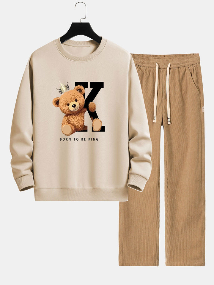 Crown King Bear Print Relax Fit Sweatshirt & Rechte Pijpen Corduroy Broek