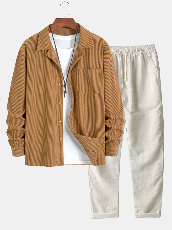 Lange Mouwen Corduroy Cubaanse Kraag Shirt & Rechte Pijpen Linnen Broek