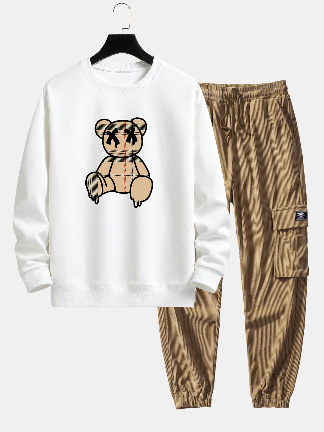 Geruite patroon oplosbare beerprint relax fit sweatshirt & trekkoord corduroy cargo jogger broek