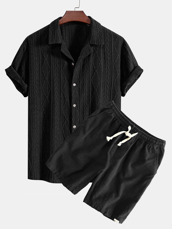 Geometrisch Jacquard Cubaanse Shirt & Linnen Katoen Mix Shorts