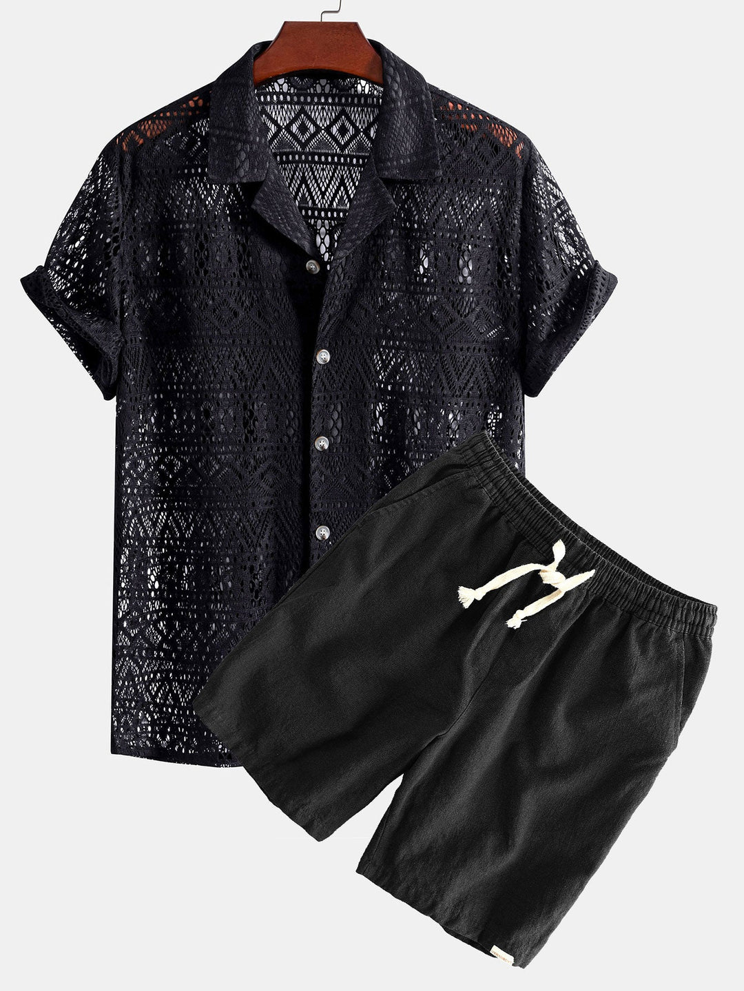 Korte Mouw Geometrisch Textuur Cuban Shirt & Linnen Katoen Mix Shorts
