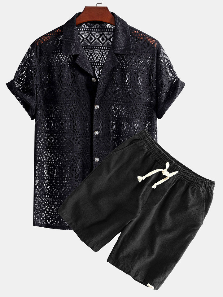 Korte Mouw Geometrisch Textuur Cuban Shirt & Linnen Katoen Mix Shorts