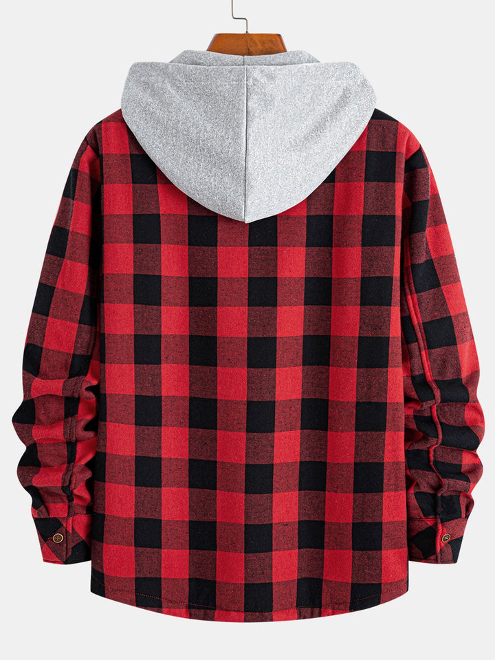 Teddy-lined plaid hooded blouse