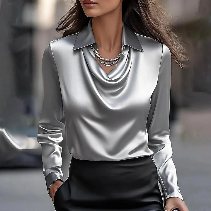 Malvina - Elegant Satin Blouse With Drape Neckline