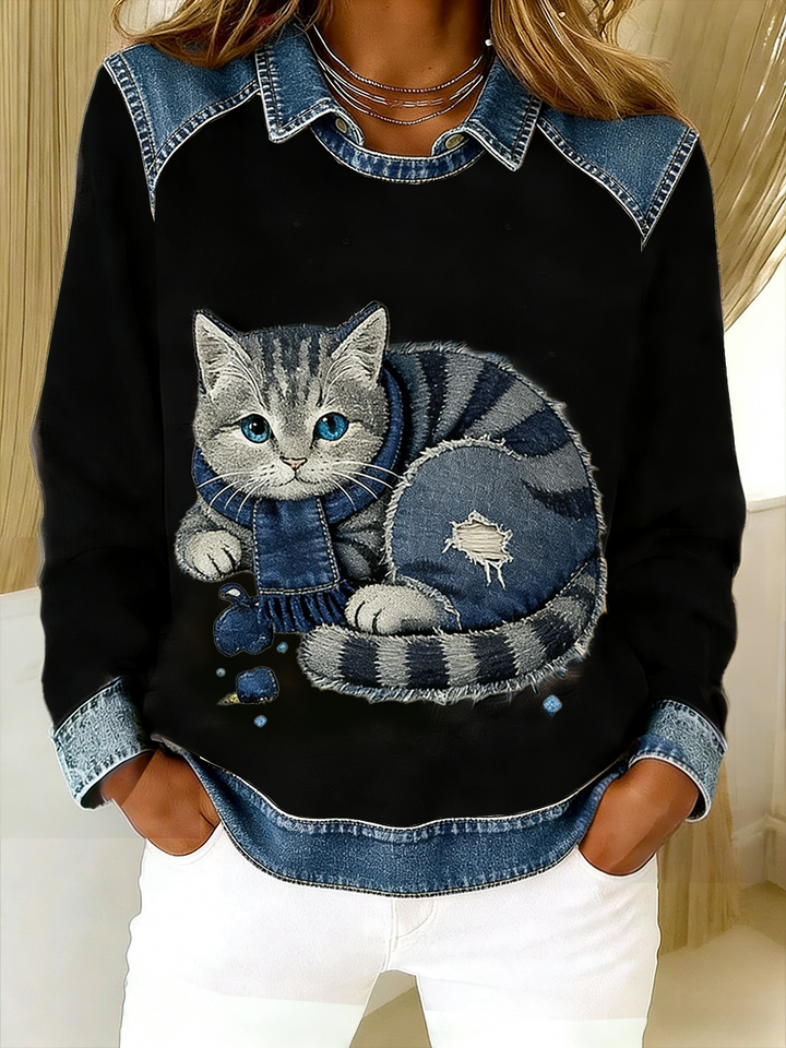 Lady l Retro Cat Denim Patchwork Sweatshirt
