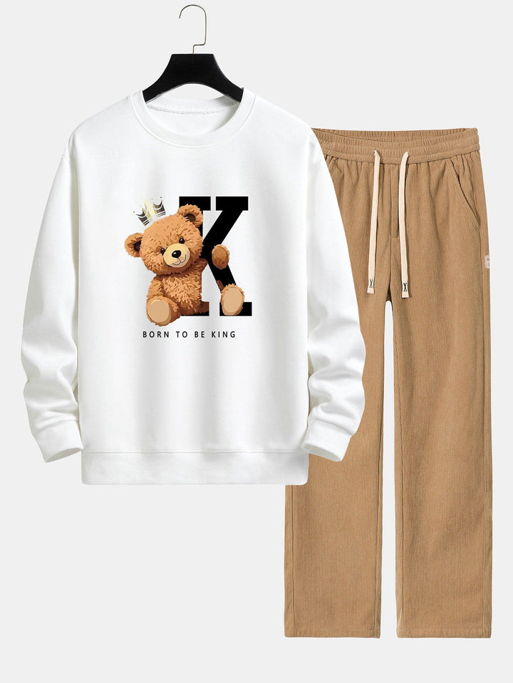 Crown King Bear Print Relax Fit Sweatshirt & Rechte Pijpen Corduroy Broek