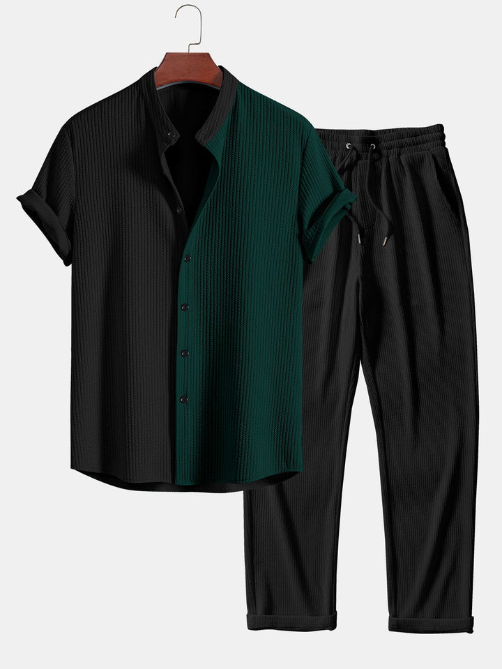 Twee Kleur Spier Fit Ribbel Stand Kraag Shirt & Rechte Pijp Ribbel Broek