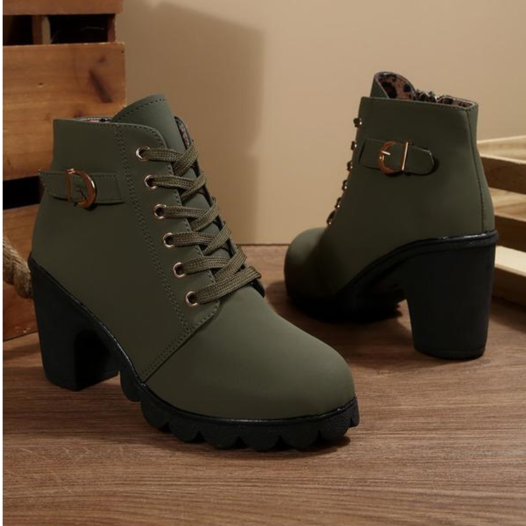 Katni I l Chic Lace-Up Metal Buckle Chunky Ankle Boots