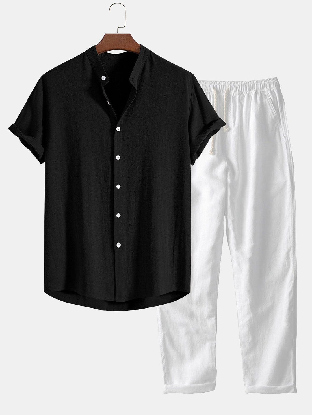 Linnen en Rayon Mix Staande Kraag Shirt & Rechte Pijpen Linnen Broek