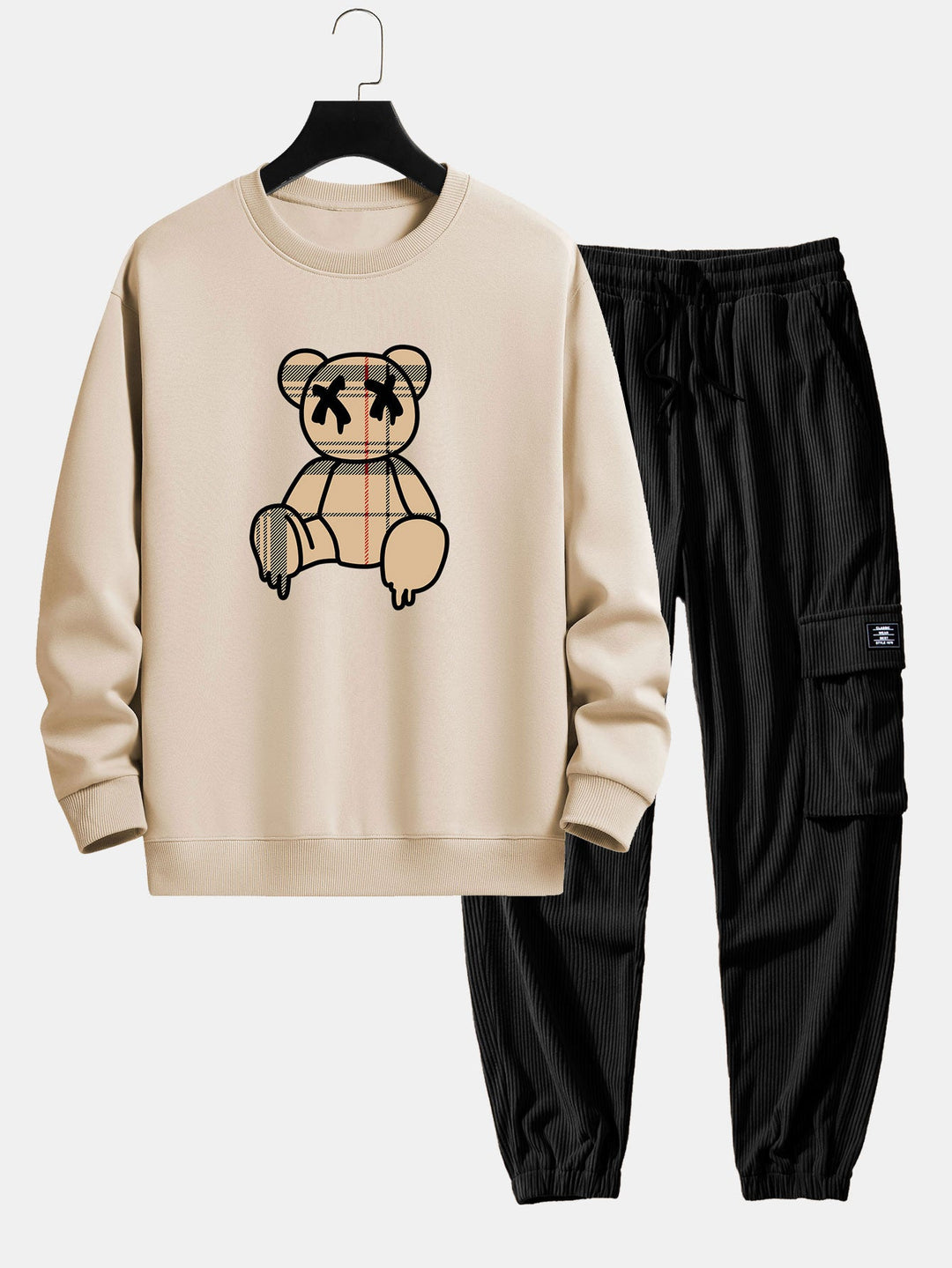 Geruite patroon oplosbare beerprint relax fit sweatshirt & trekkoord corduroy cargo jogger broek