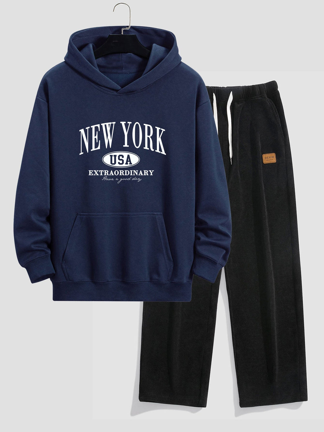 New York Print Relax Fit Hoodie & Rechte Pijpen Corduroy Broek