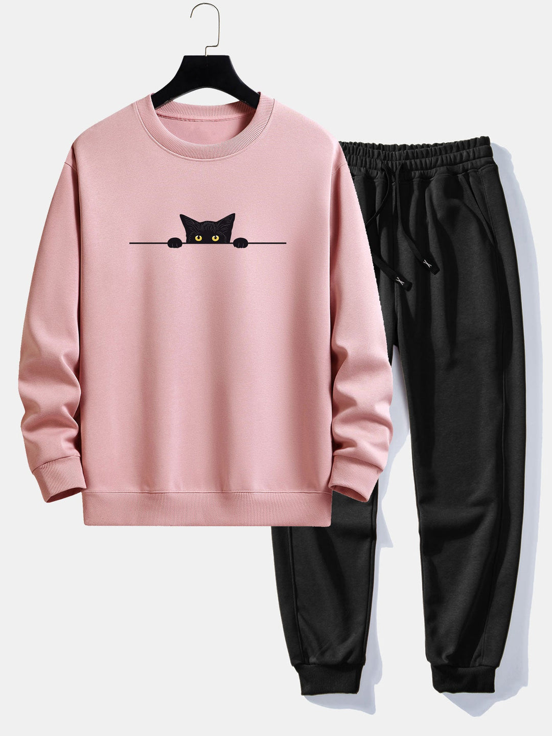 Zwarte Kat Print Relax Fit Sweatshirt & Joggingbroek
