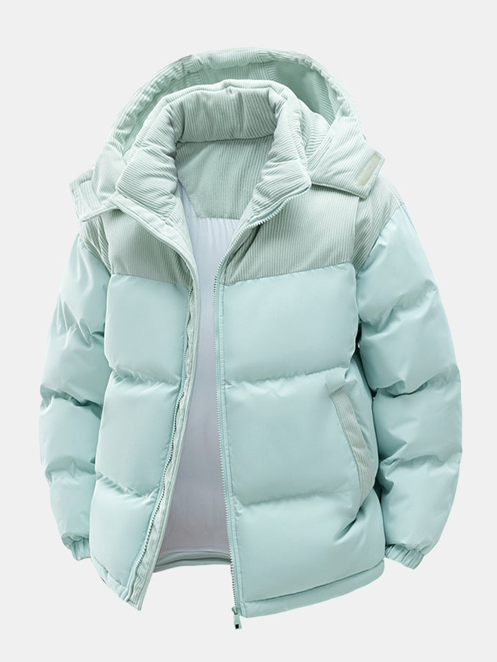 Corduroy patchwork quilted jacket with hood
