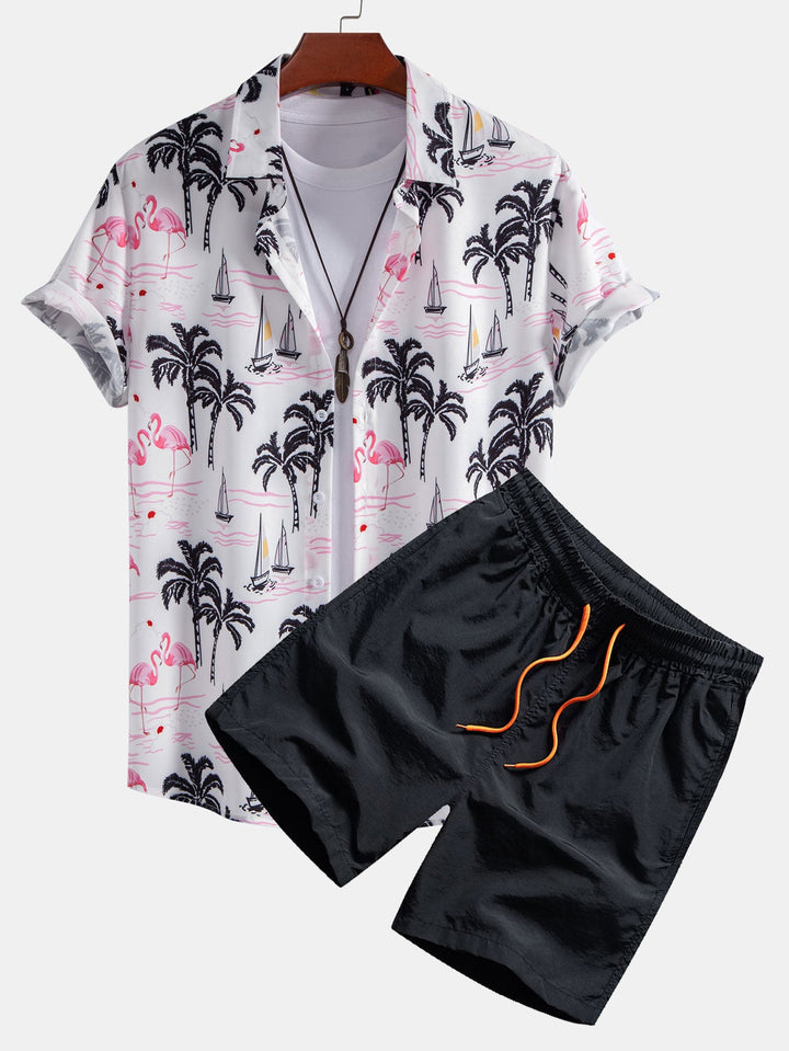 Palm Tree Flamingo Print Knop-Up Shirt & Zwemshorts