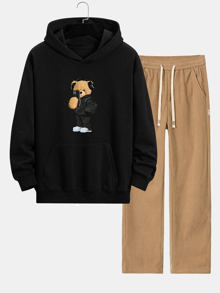 Fashion Bear Foto Print Relax Fit Hoodie & Rechte Pijpen Corduroy Broek