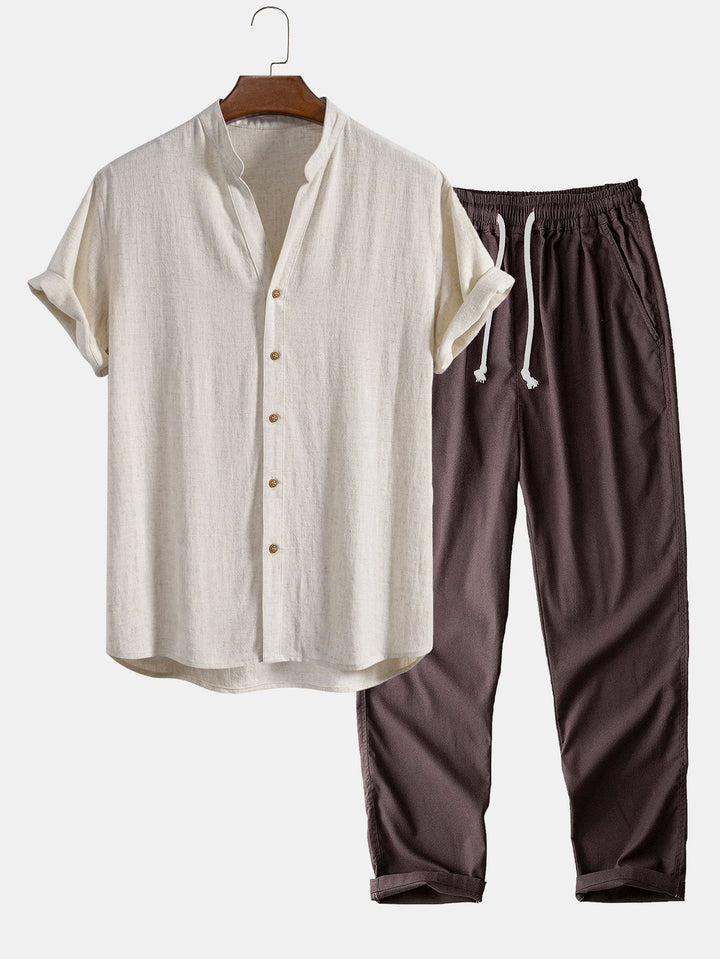 V-neck Linen Rayon Blend Shirt & Straight Leg Linen Pants
