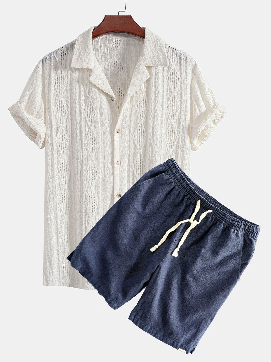 Geometrisch Jacquard Cubaanse Shirt & Linnen Katoen Mix Shorts