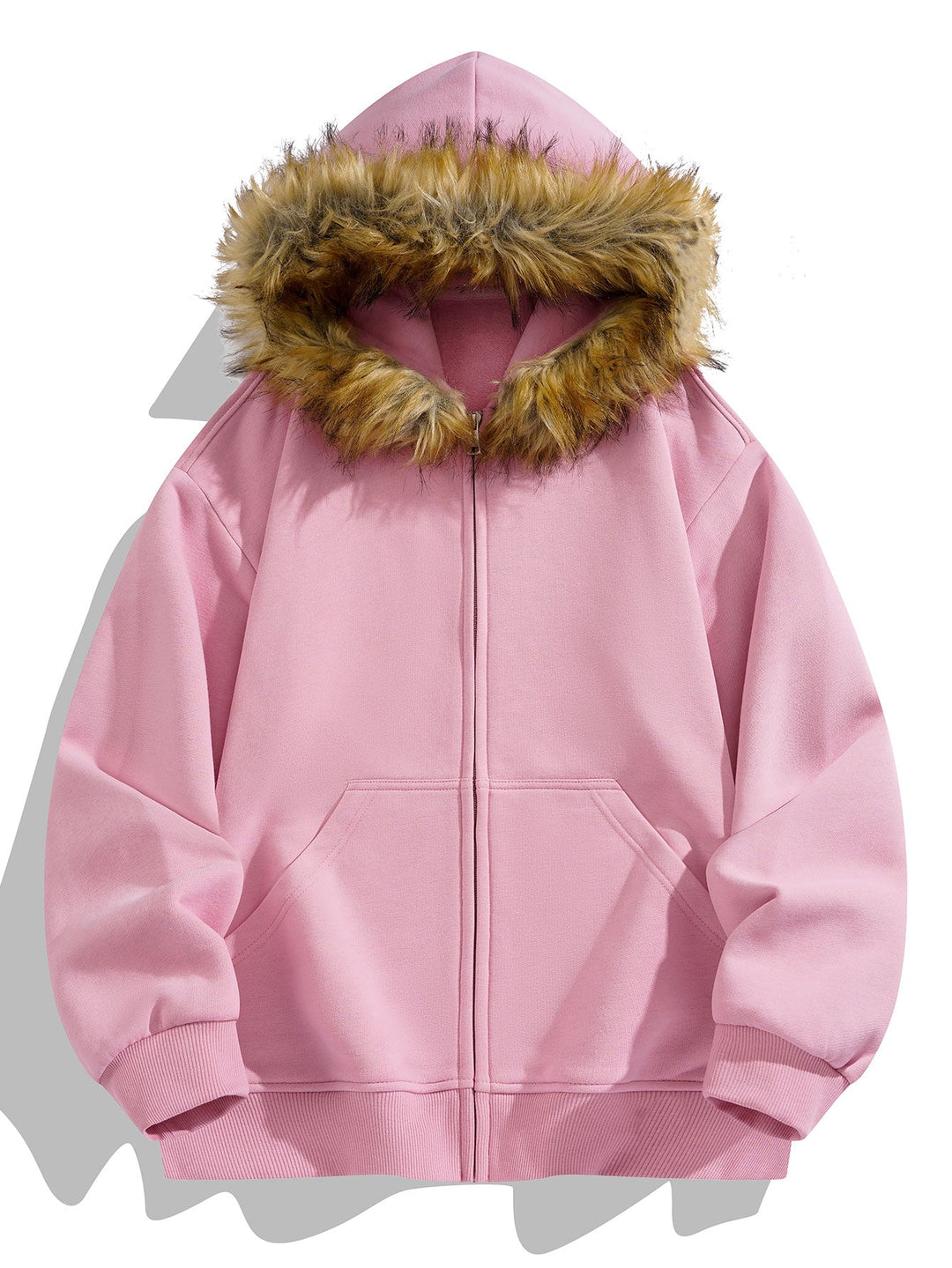 Relaxed fit faux fur collar zipper hoodie