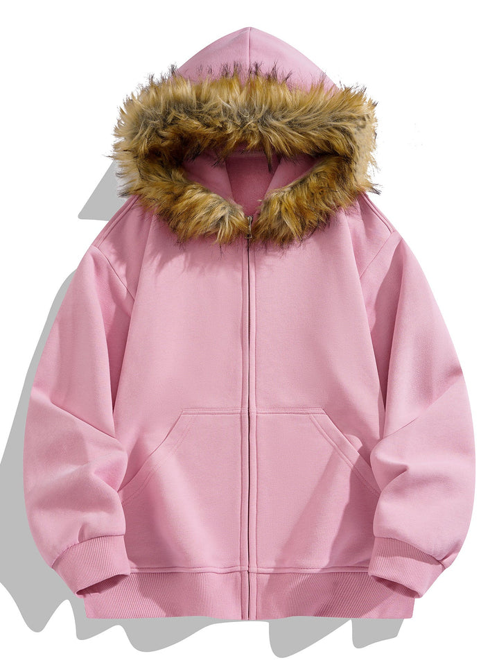 Relaxed fit faux fur collar zipper hoodie