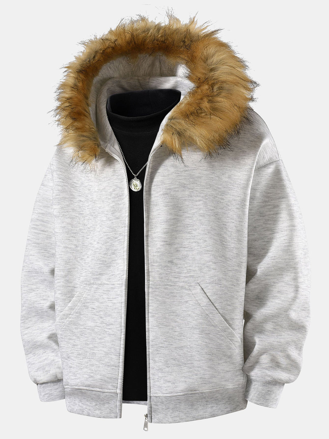 Relaxed faux fur collar zip-up hoodie