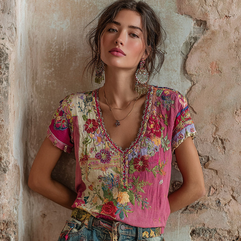 Almara | Bohemian Floral Linen Top